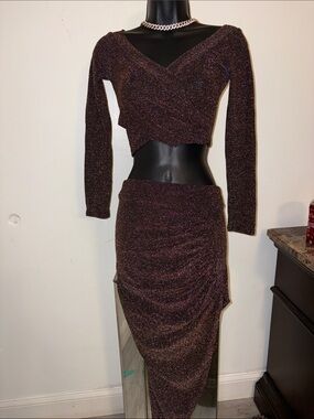 Metallic Burgundy Two-Piece Midi Skirt Set